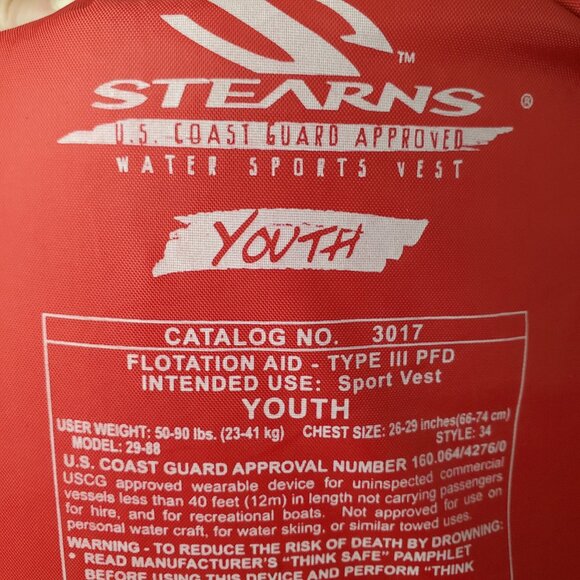Stearns Kids Life Vest Red & White US Coast Guard Approved Youth Life Jacket - Picture 5 of 7